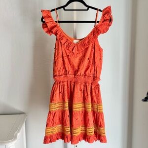 TRYB Orange Cotton Embroidered Ruffle Front Flare Mini Dress, M NWT